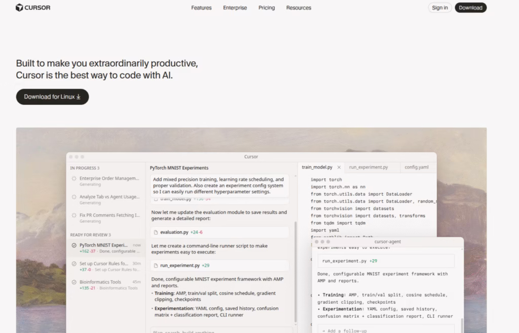 Cursor AI coding tool interface with experimentation notes.